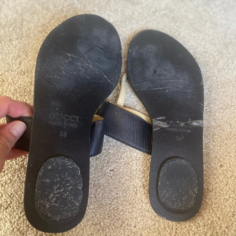 Italian Black Leather Thong Sandals with Gold Interlocking G